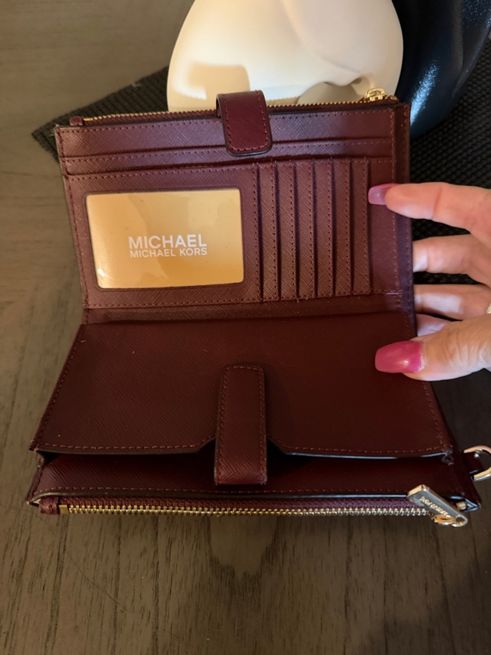Michael Kors Burgundy Lg Double Zip Saffiano Leather Zip Card Case Wristlet - Picture 3 of 7
